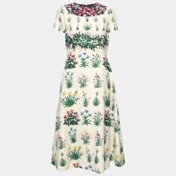 Pre Owned Valentino Cream Crepe-Wool Primavera Print Midi Dress M