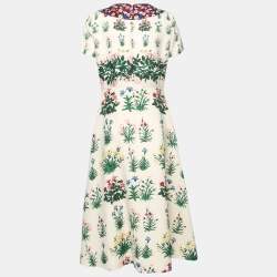 Pre Owned Valentino Cream Crepe-Wool Primavera Print Midi Dress M