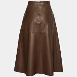 Pre Owned Valentino Brown Leather A-Line Midi Skirt M