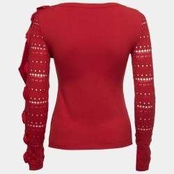 Pre Owned Valentino Red Eyelet Knit Wool Bow Detail Long Sleeve Sweater S