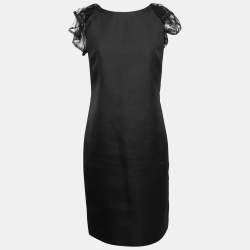 Pre Owned Valentino Black Lace Detail Flutter Sleeve Shift Dress M