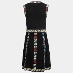 Pre Owned Valentino Black Floral Patterned Knit Flared Midi Dress L