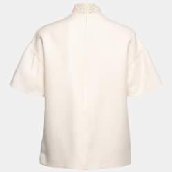 Pre Owned Valentino Beige Crepe Embroidered Lace Inset High Neck Top S