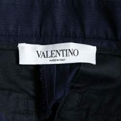 Pre Owned Valentino Navy Blue Cotton Straight Leg Ankle Length Pants S