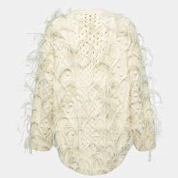 Pre Owned Valentino Cream Wool Knit Feather Embellished Long Sleeve Jumper M