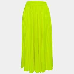 Pre Owned Valentino Neon Yellow Jersey Pleated Logo Print Skirt S
