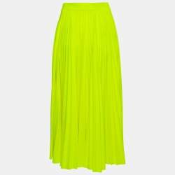 Pre Owned Valentino Neon Yellow Jersey Pleated Logo Print Skirt S
