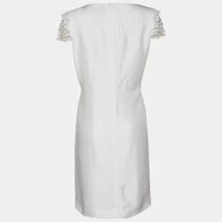 Pre Owned Valentino White Crepe Embellished Sleeve Shift Dress L