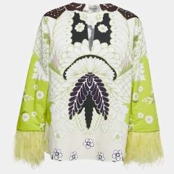 Valentino Lime Green Printed Cotton Ostrich Trim V-Neck Top S