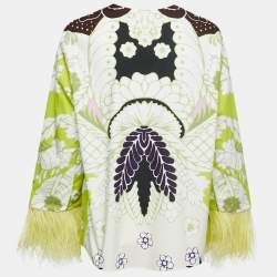 Valentino Lime Green Printed Cotton Ostrich Trim V-Neck Top S