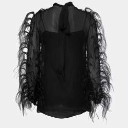 Pre Owned Valentino Black Silk Ostrich Feather Detail Sheer Tie Neck Blouse S