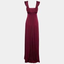 Pre Owned Valentino Burgundy Silk Smocked & Draped Maxi Dress M