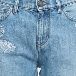 Pre Owned Valentino Light Blue Denim Butterfly Patched Fringed Jeans M Waist 28"