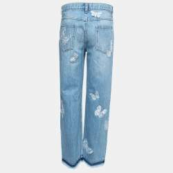 Pre Owned Valentino Light Blue Denim Butterfly Patched Fringed Jeans M Waist 28"