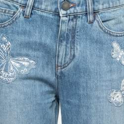 Pre Owned Valentino Light Blue Denim Butterfly Patched Fringed Jeans S Waist 26"