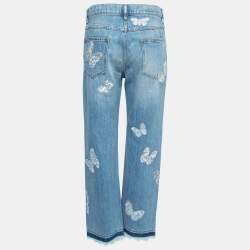 Pre Owned Valentino Light Blue Denim Butterfly Patched Fringed Jeans S Waist 26"
