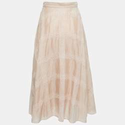 Pre Owned Valentino Beige Cotton and Lace Trimmed Midi Skirt S