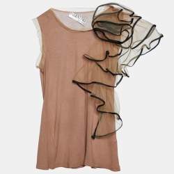 Pre Owned Valentino T-Shirt Couture Brown Knit & Floral Tulle Sleeveless T-Shirt S