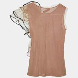 Pre Owned Valentino T-Shirt Couture Brown Knit & Floral Tulle Sleeveless T-Shirt S