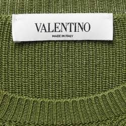 Pre Owned Valentino Green Cotton Knit Lace Trimmed Crew Neck Sweatshirt L