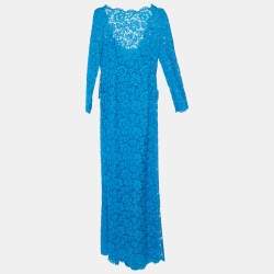 Pre Owned Valentino Blue Lace Bow Back Detail Gown S
