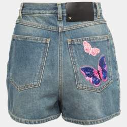 Valentino Blue Denim Butterfly Embroidered High Waist Shorts S Waist 25"