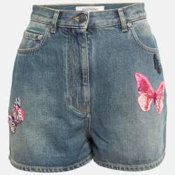 Valentino Blue Denim Butterfly Embroidered High Waist Shorts S Waist 25"