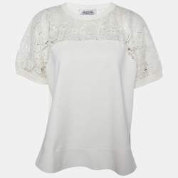 Pre Owned Valentino Off White Lace & Knit Paneled Oversized T-Shirt L