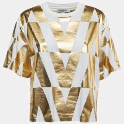 Pre Owned Valentino White/Gold V Optical Foil Print Cotton Cropped T-Shirt XS