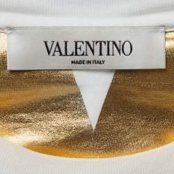 Pre Owned Valentino White/Gold V Optical Foil Print Cotton Cropped T-Shirt XS