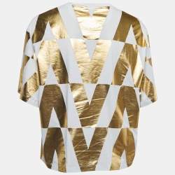 Pre Owned Valentino White/Gold V Optical Foil Print Cotton Cropped T-Shirt XS