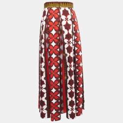 Pre Owned Valentino Multicolor Printed Cotton & Linen Pleated Maxi Skirt M