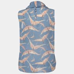 Pre Owned Valentino Blue Bird Printed Silk Neck Tie Detail Top M