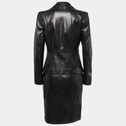 Pre Owned Valentino Black Leather Lace Trimmed Jacket Skirt Set L/M