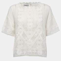 Pre Owned Valentino Cream Cotton & Lace Trim Top L