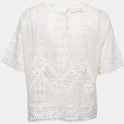Pre Owned Valentino Cream Cotton & Lace Trim Top L