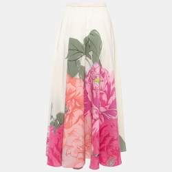 Valentino Cream Floral Print Silk Flared Maxi Skirt M