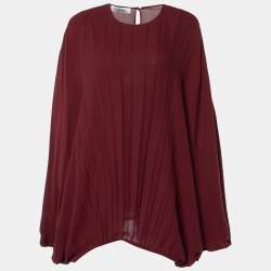 Pre Owned Valentino Burgundy Plisse Silk Butterfly Sleeve Top L