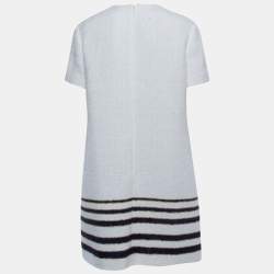 Pre Owned Valentino White/Blue Striped Patterned Tweed Shift Dress XL