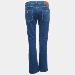 Pre Owned Valentino Blue Denim V Logo Pocket Detailed Straight Legged Jeans S Waist 27"