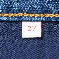 Pre Owned Valentino Blue Denim V Logo Pocket Detailed Straight Legged Jeans S Waist 27"