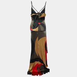 Pre Owned Valentino Multicolor printed Silk Satin Draped Gown L