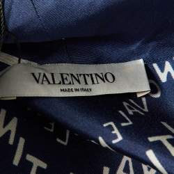 Pre Owned Valentino Navy Blue Logo Printed Silk Oversized Neck Detail Top L