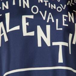 Pre Owned Valentino Navy Blue Logo Printed Silk Oversized Neck Detail Top L