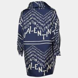 Pre Owned Valentino Navy Blue Logo Printed Silk Oversized Neck Detail Top L