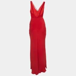 Pre Owned Valentino Red Crepe V-Neck Detailed Sleeveless Maxi Dress M