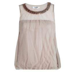 Valentino Beige Embellished Neck Detail Mesh Overlay Sleeveless Top S