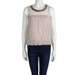Pre Owned Valentino Beige Embellished Neck Detail Mesh Overlay Sleeveless Top S