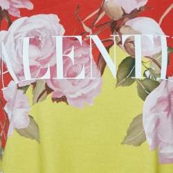 Pre Owned Valentino Yellow/Red Flying Flowers Print Cotton Crew Neck T-Shirt S
