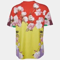 Pre Owned Valentino Yellow/Red Flying Flowers Print Cotton Crew Neck T-Shirt S